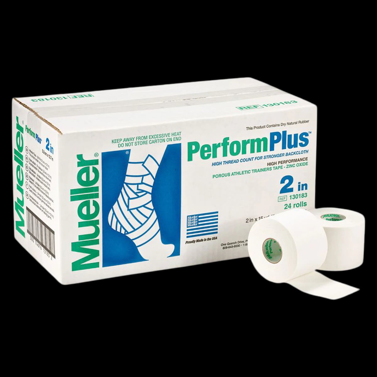 Mueller Sports Medicine Tape Perform PLUS, Cotton/Zinc Oxide, 2" x 15 yd, White, 24 Rolls/Case