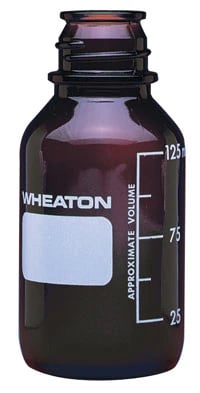 Wheaton Media Bottle, Borosilicate Glass, Amber, 125mL, Graduated with Marking Patch, No Cap, 48/Package