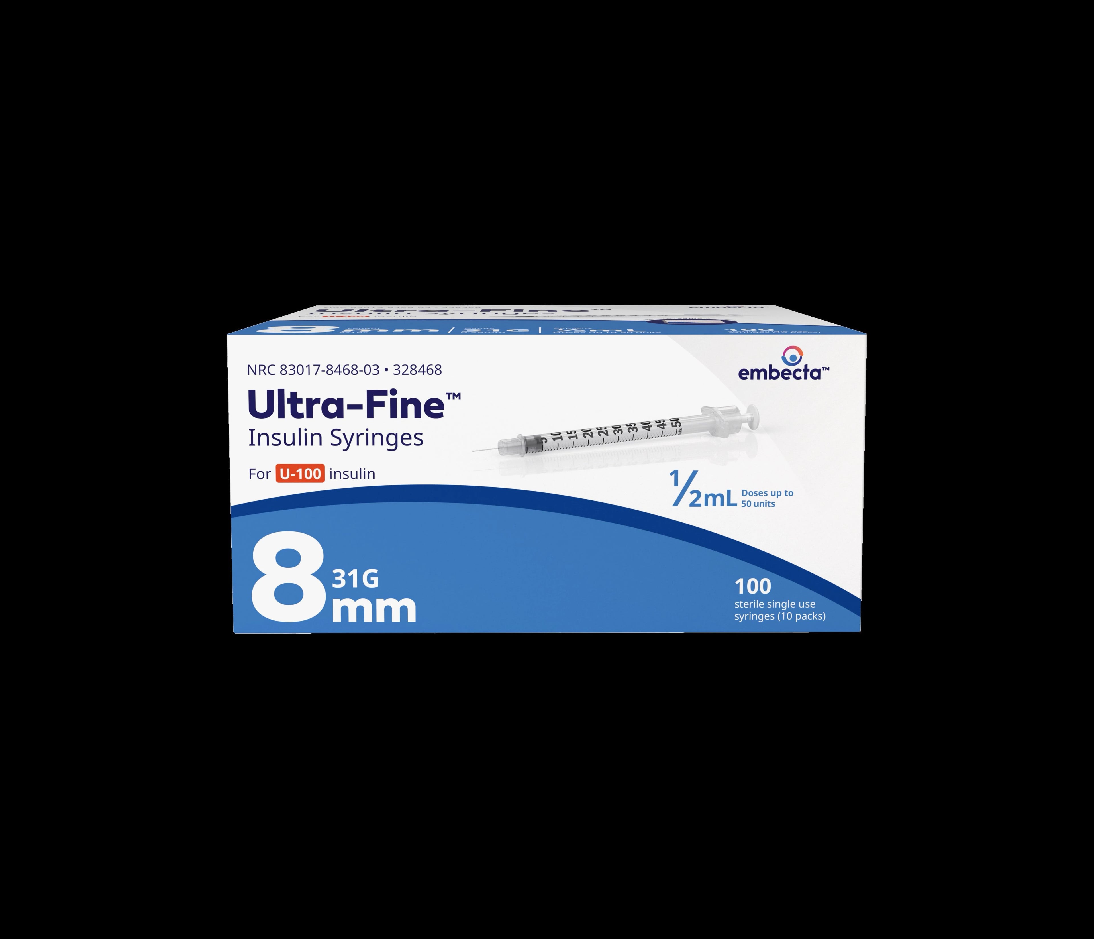 Ultra-Fine II Insulin Syringe, 31G x 5/16" (8 mm), 0.5 cc, U-100, Conventional Graduated, Sterile, 100/Box