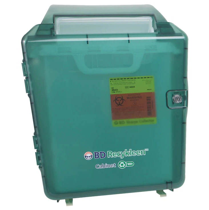 Recykleen Sharps Cabinet, Recycled Green, 7-1/2" x 14-1/2" x 19", Locking Plastic, Wall Mount, Non-Sterile, Each
