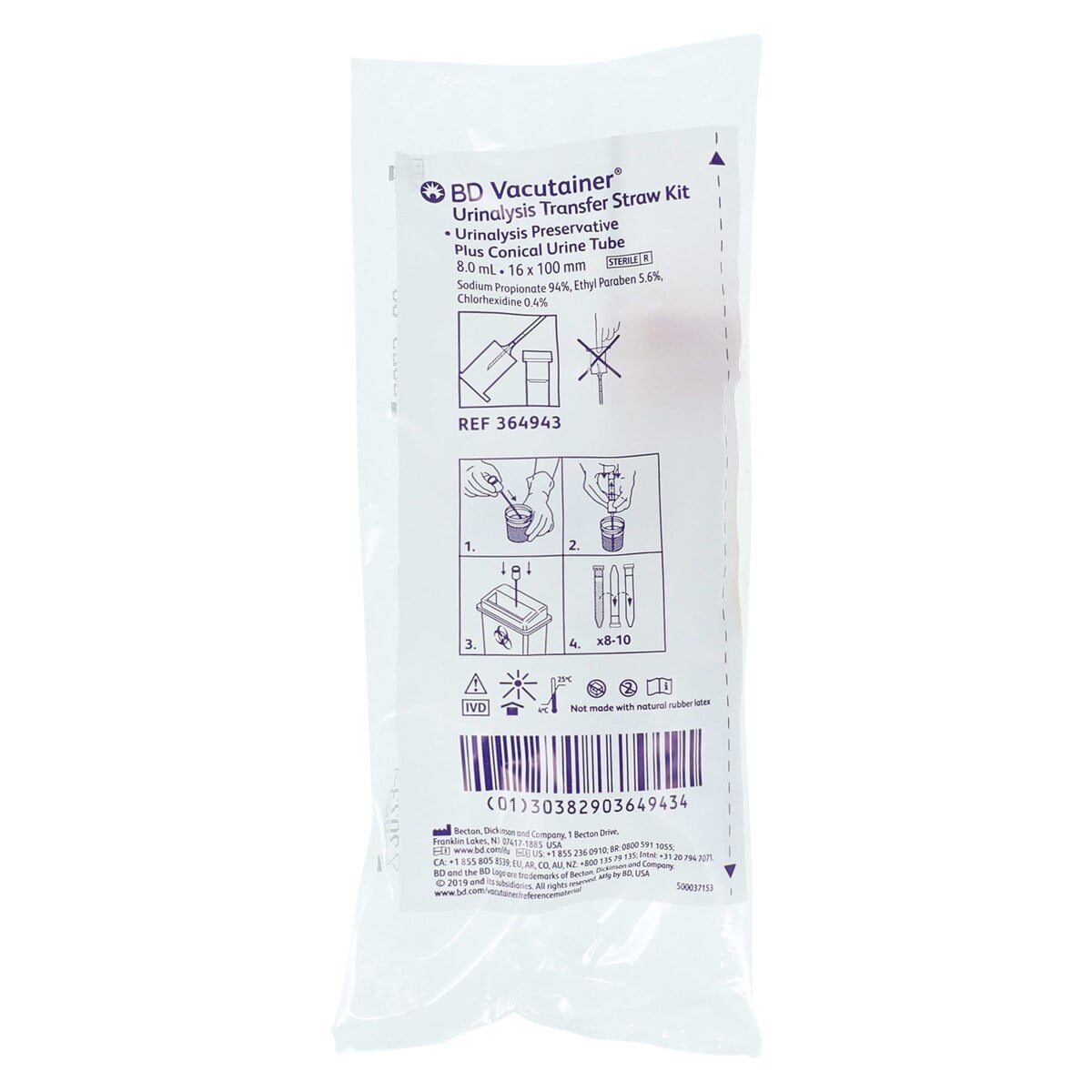 BD Vacutainer Urine Transfer Kit, Plastic Collection Kit, 8 mL, Sterile, 16x100mm, 50/Box