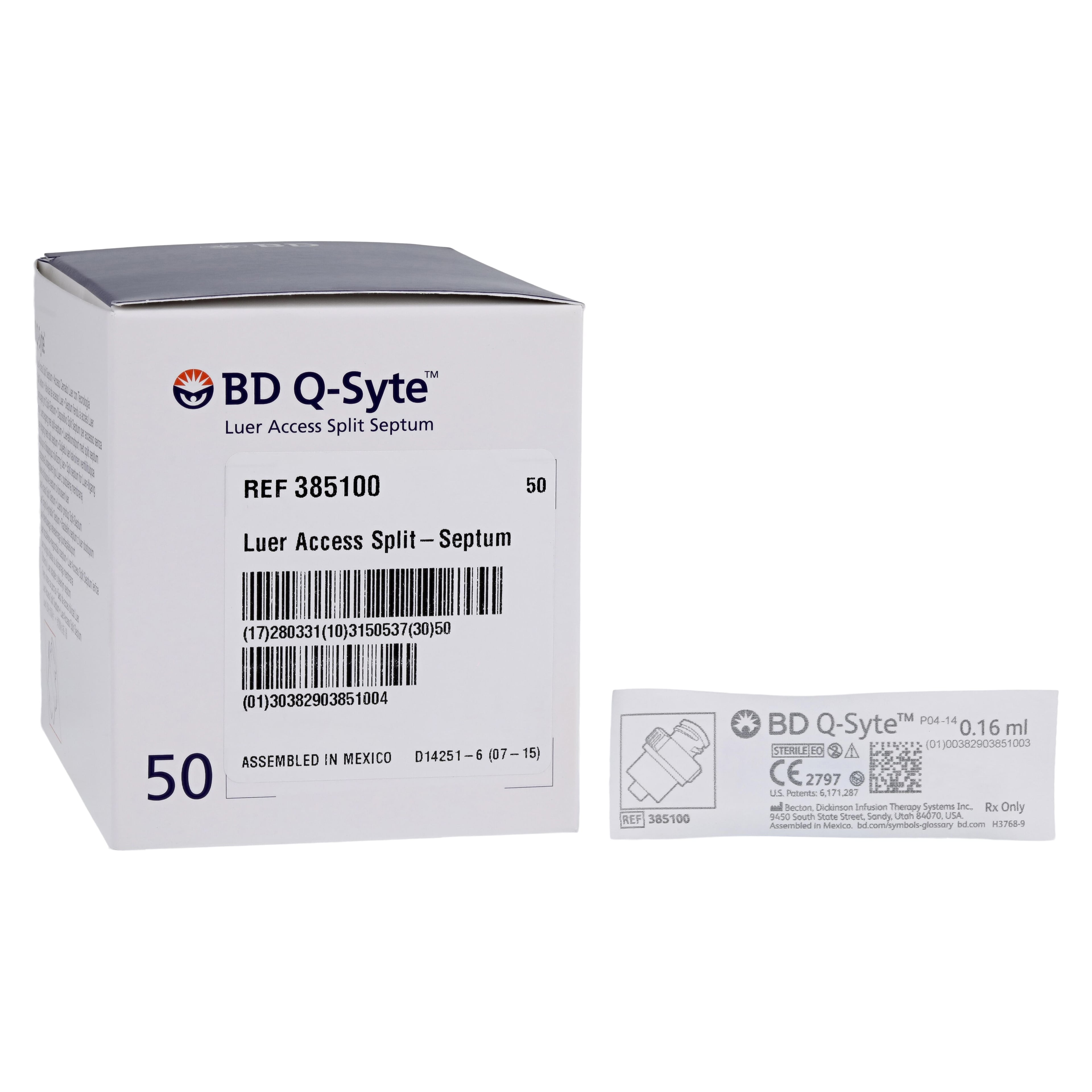 BD Q-Syte Luer Access Split-Septum Device, Needleless, 0.1 mL, Sterile, PVC-Free, Latex-Free, 50/Box
