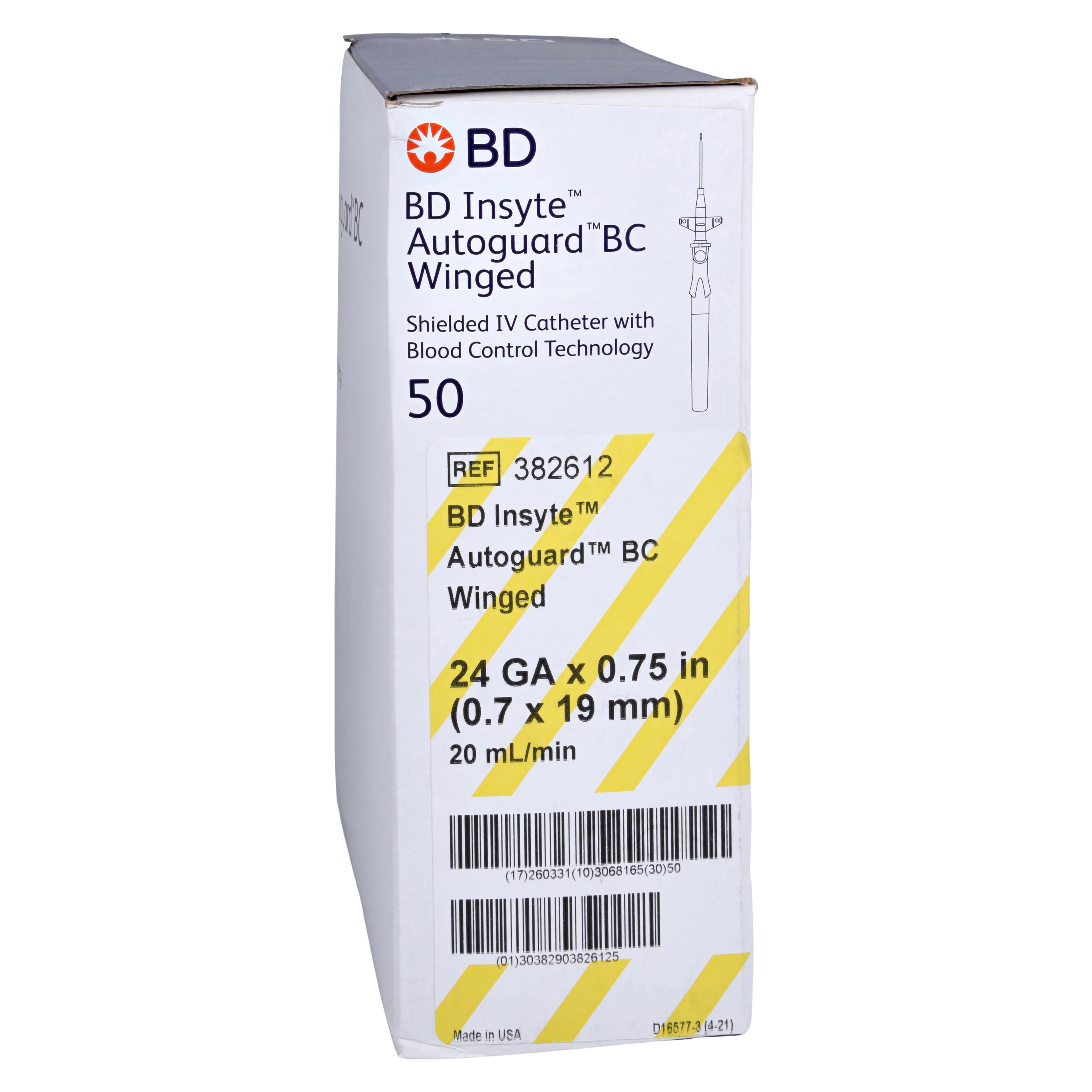 BD Insyte Autoguard BC Winged IV Catheter, 24 Gauge x 3/4", Notched Needle, Vialon, Sterile, Yellow, 50/Box
