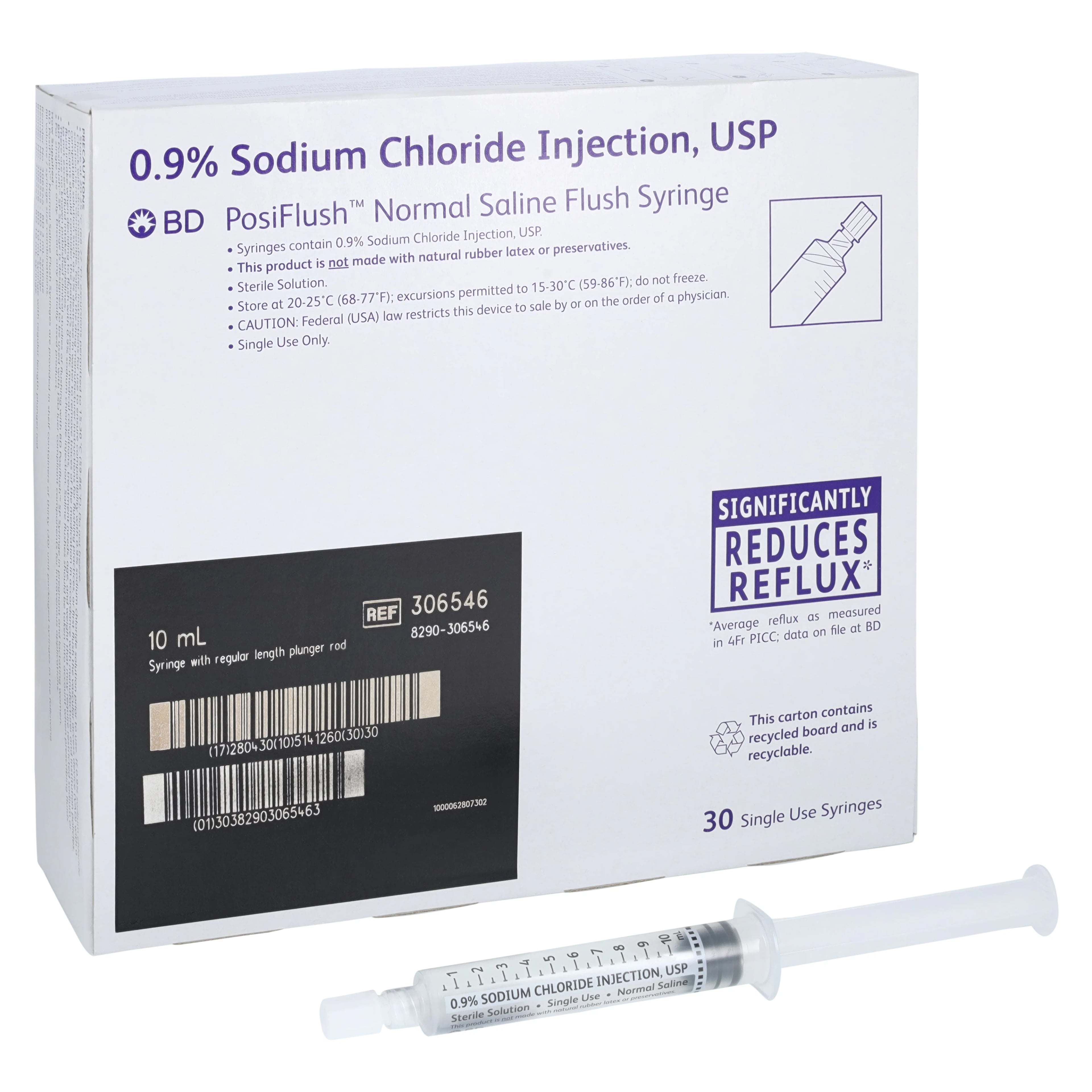 BD PosiFlush Saline IV Flush Syringe, 0.9% Sodium Chloride, 10 mL, 30/Package