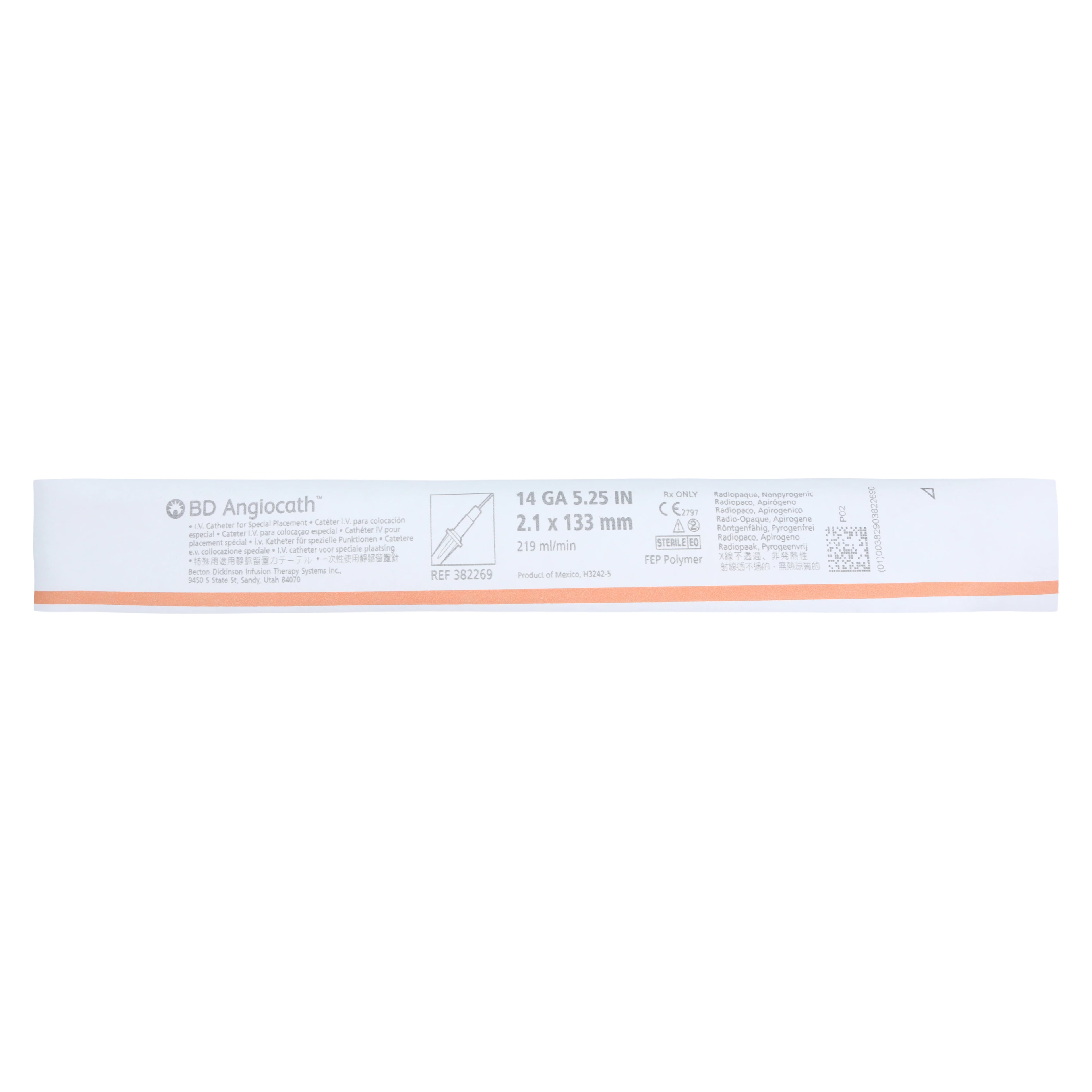 BD Angiocath Peripheral Venous Catheter, 14 Gauge x 5-1/4", Tapered Tip, Orange, Sterile, 10/Box