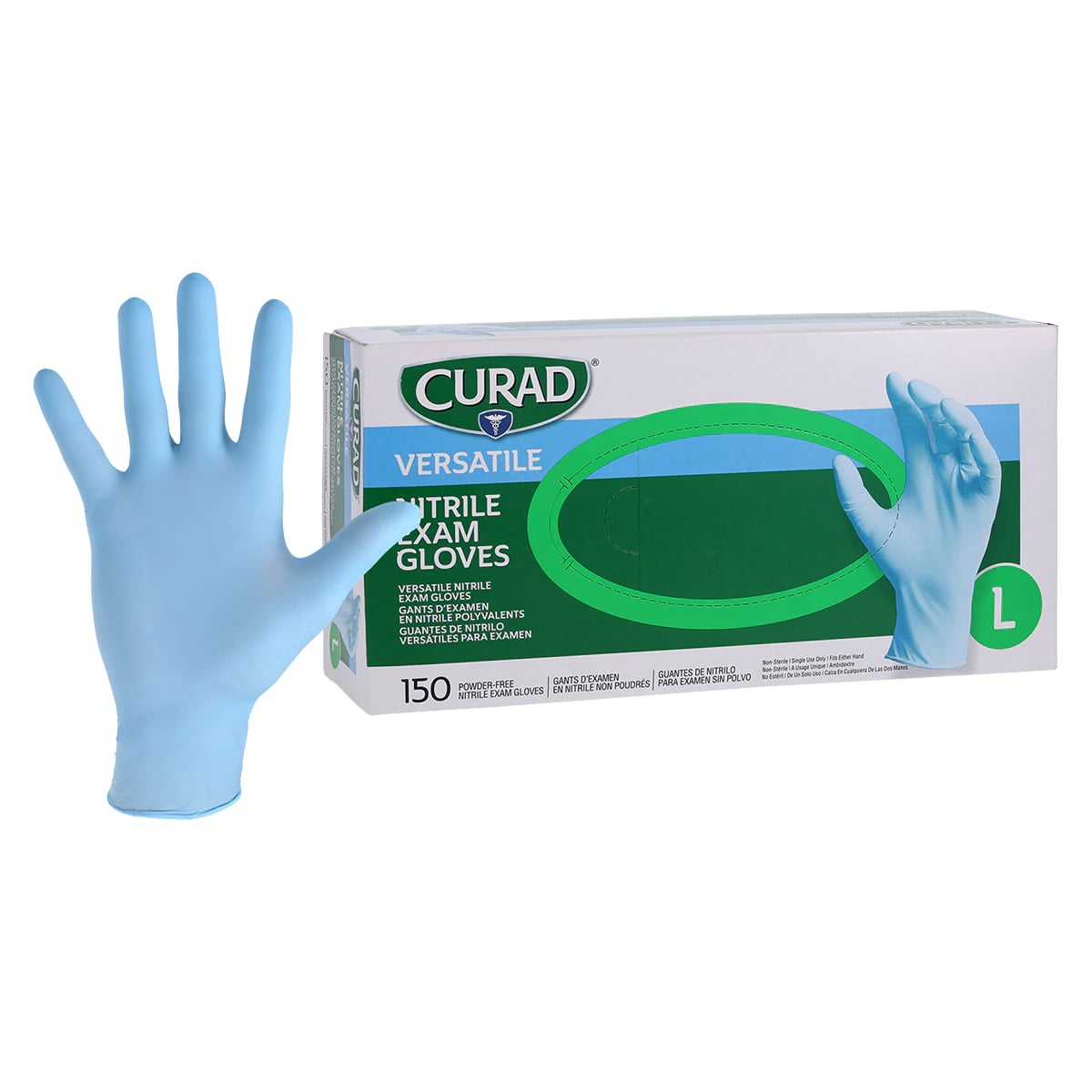 Curad Medline Nitrile Exam Gloves, Powder-Free, Non-Sterile, Large, Blue, Textured, 150/Box