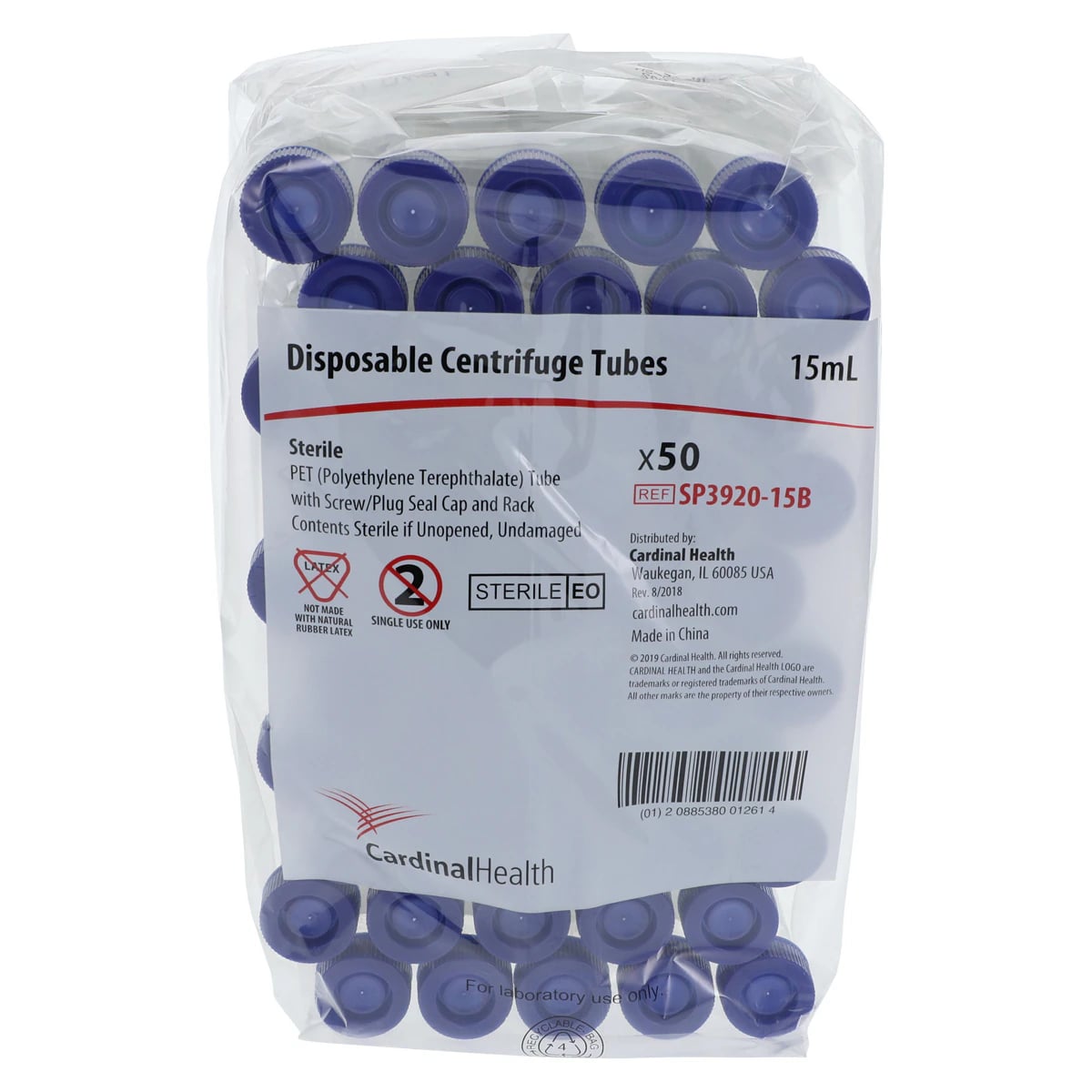 Cardinal Health Centrifuge Tube, Polypropylene, 15mL, Graduated, Plug Seal, Conical Bottom, Sterile, Racked, 500/Case
