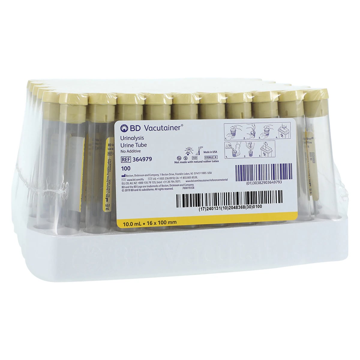 Becton-Dickinson Vacutainer Plastic Urine Collection Tube, 10mL, Yellow, Sterile, Round Bottom, 16x100mm, Conventional Closure, 100/Box