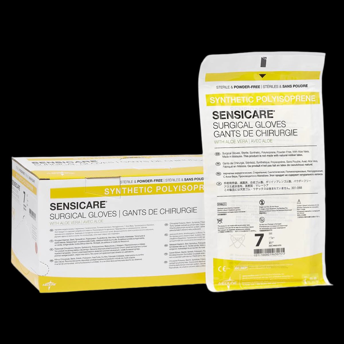 SensiCare® Polyisoprene Surgical Gloves with Aloe, Powder Free, Sterile, Hand-Specific, Size 7.0, White, 25 Pairs/Box