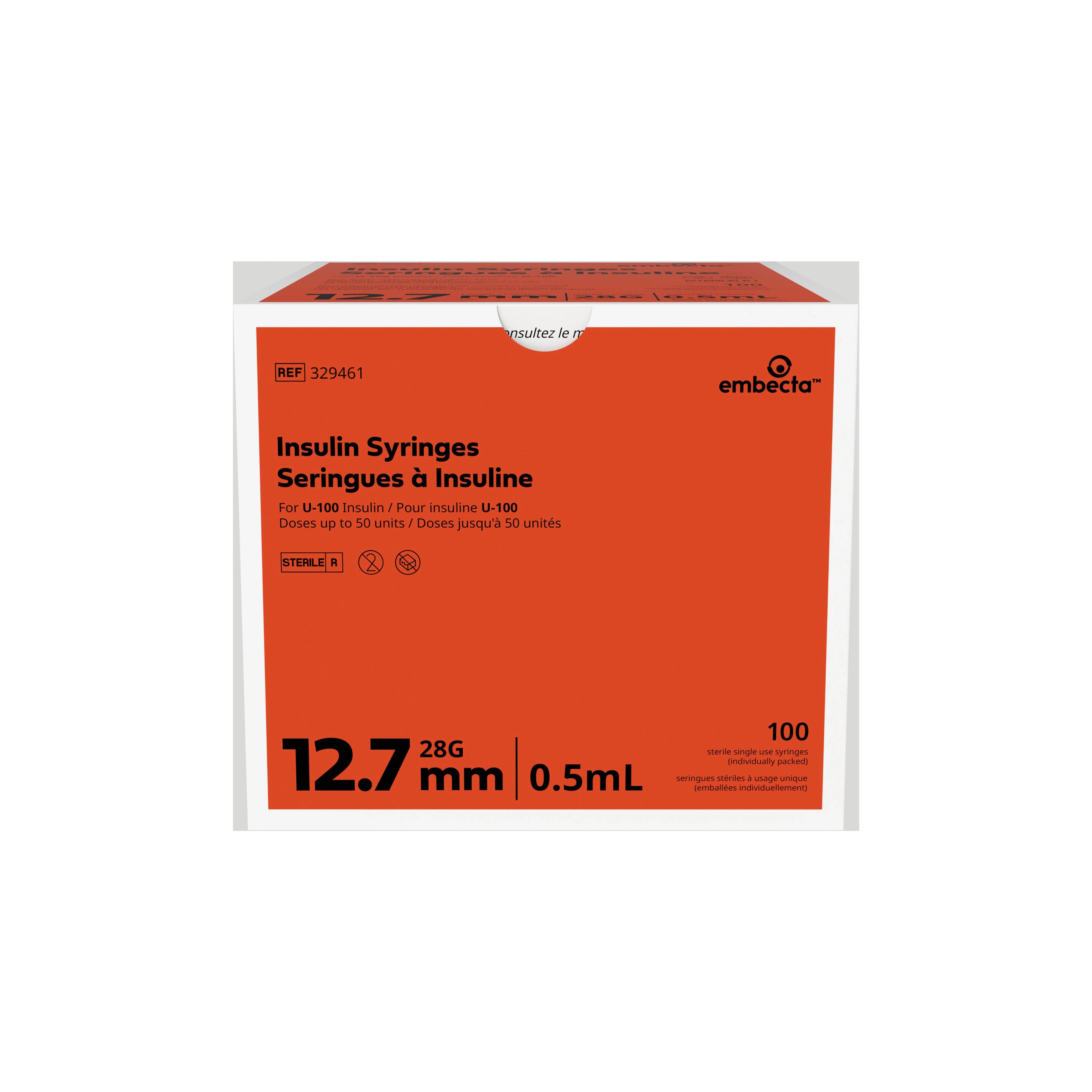 Embecta Insulin Syringe U-100, 0.5cc, 28 Gauge x 1/2", Micro-Fine IV, Lo-Dose, Sterile, 100/Box