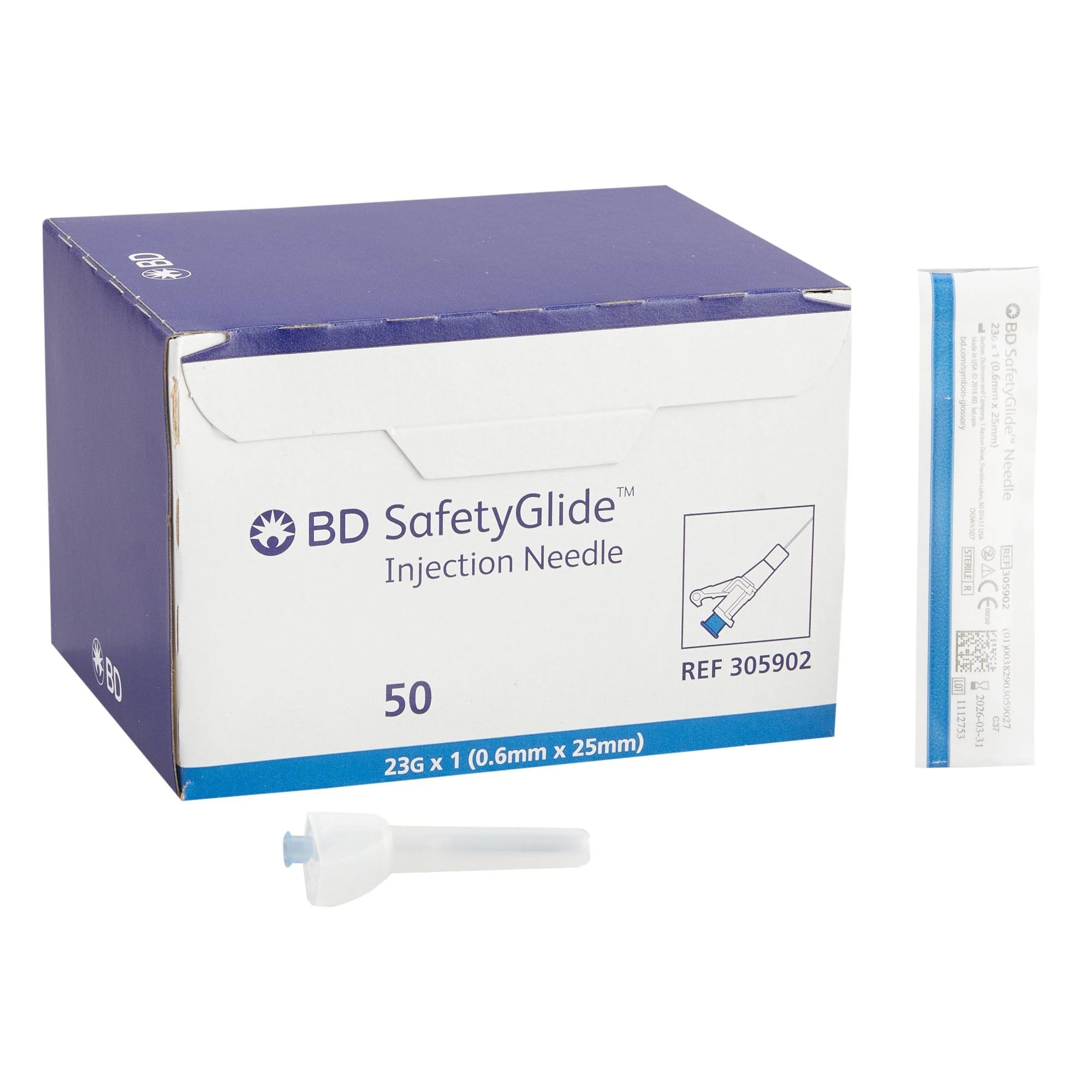 SafetyGlide Hypodermic Needle, 23G x 1", Turquoise, Beveled Shield, Sterile, Disposable, Low Dead Space, 50/Bx