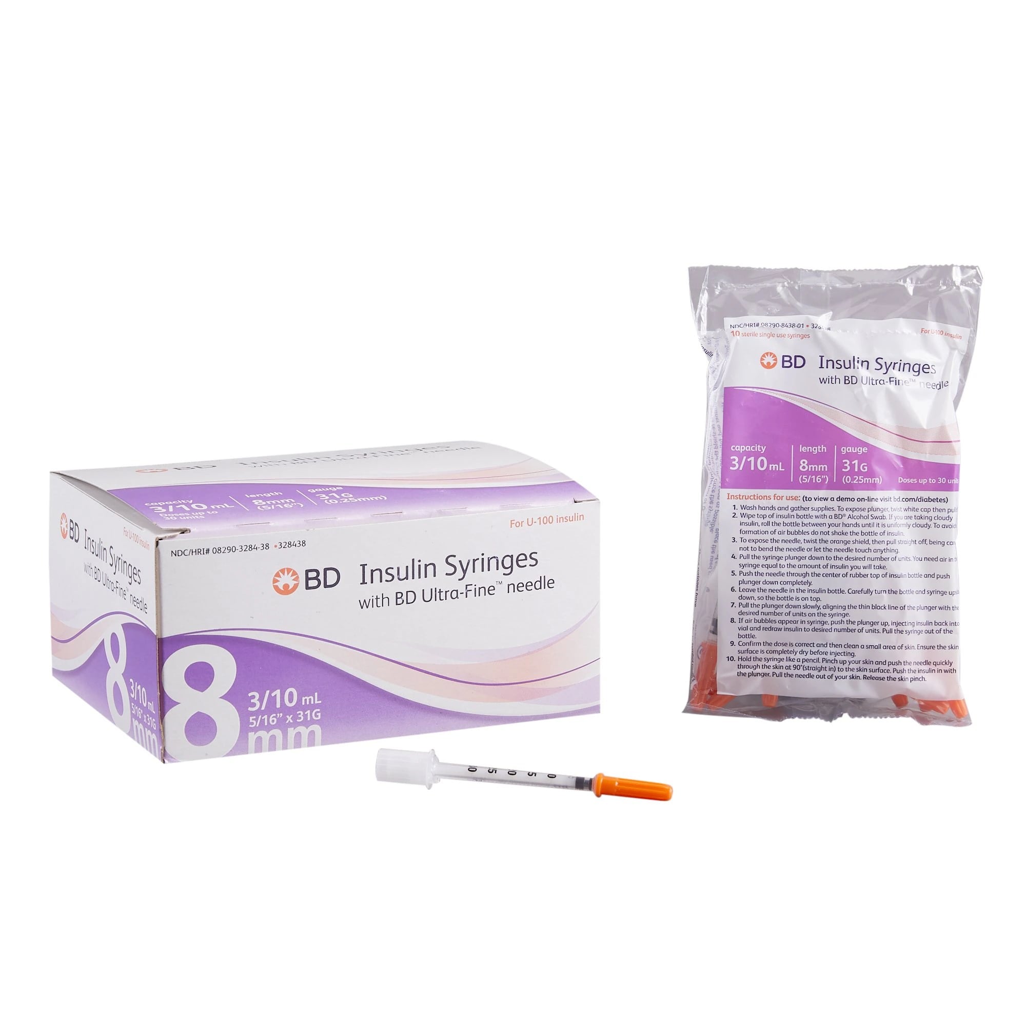 Embecta Ultra-Fine Insulin Syringe, 31G x 5/16" (8 mm), U-100, 0.3 mL, 100/Box
