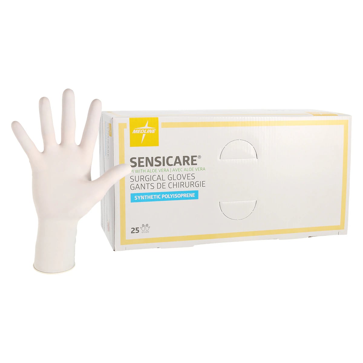 SensiCare® with Aloe Polyisoprene Surgical Gloves, Powder Free, Sterile, Hand-Specific, Size 8.5, White, 25 Pairs/Box