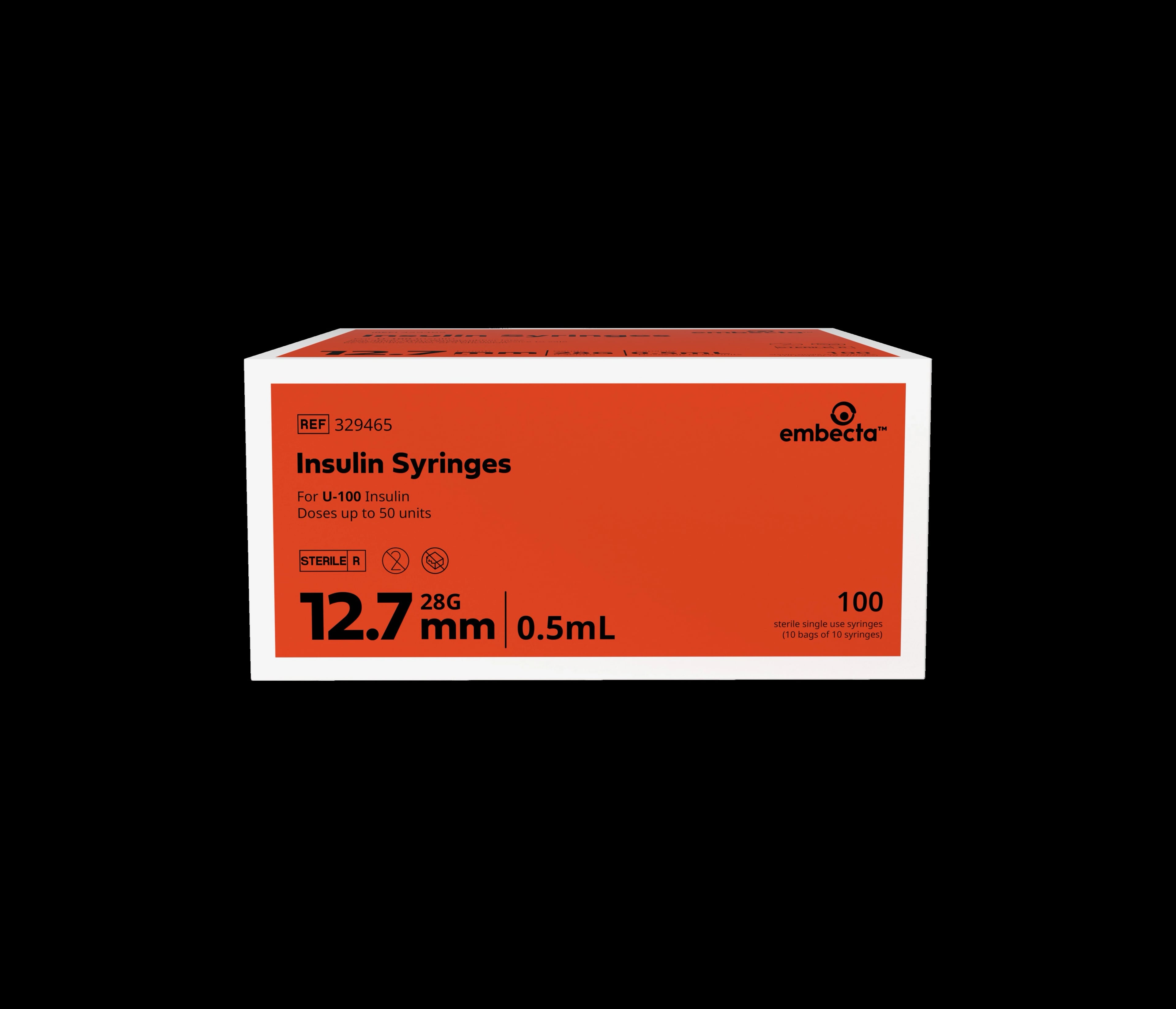 Embecta Insulin Syringe, Micro-Fine IV, 28G x 1/2", 0.5cc (U-100), Orange, Conventional, 100/Box