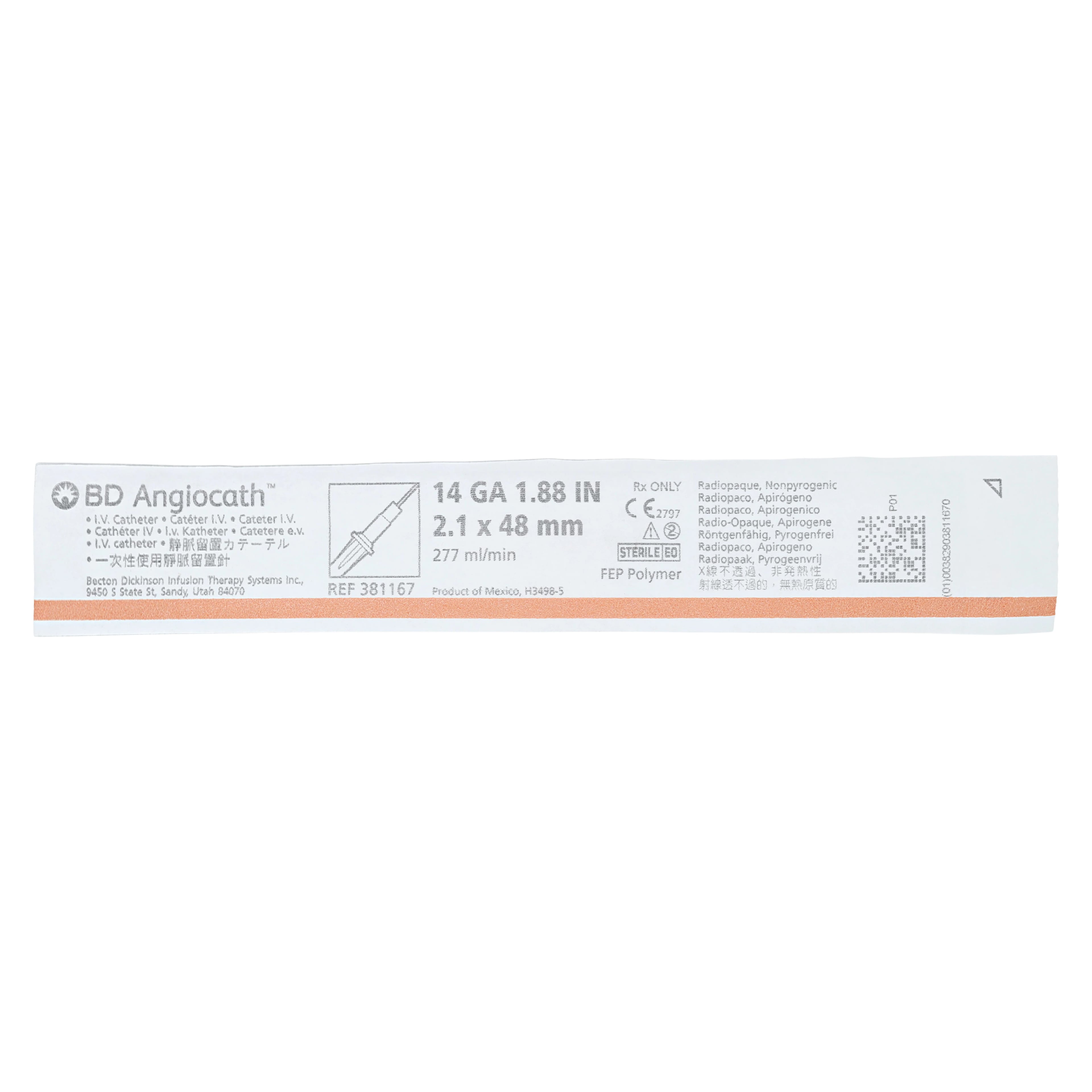 BD Angiocath Peripheral Venous Catheter, 14 Gauge, 1-9/10" (48 mm), Sterile, Radiopaque, Each