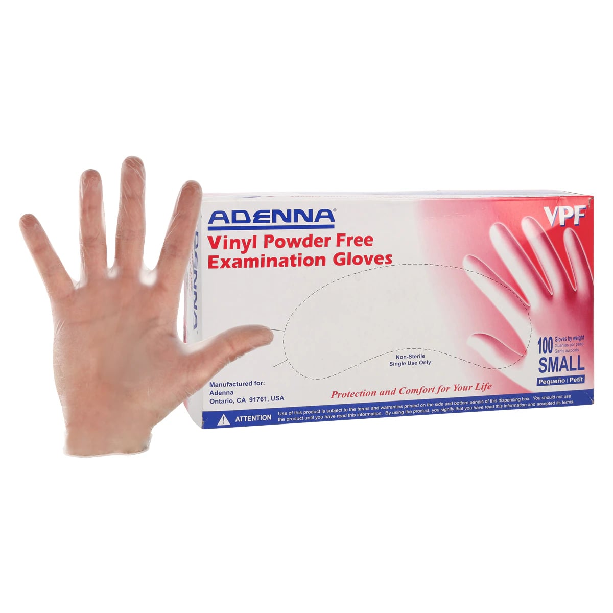 Adenna® VPF Vinyl Exam Gloves, Powder Free, Non-Sterile, Small, Translucent, 100/Box, 10 Boxes/Case, VPF232
