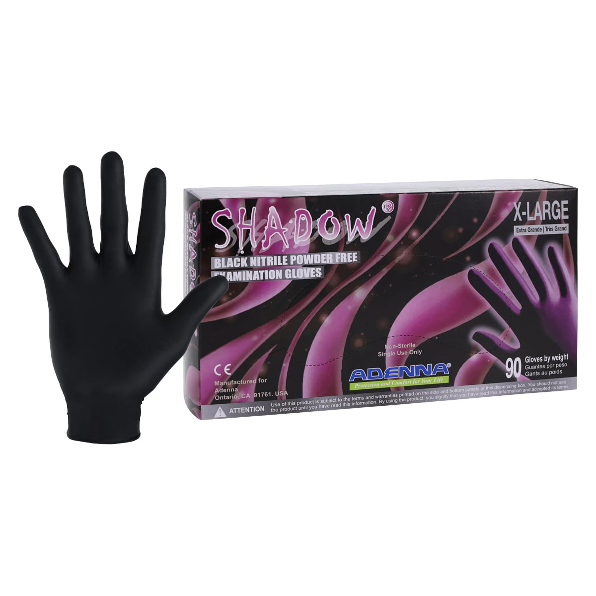 Adenna Shadow Nitrile Exam Gloves, Powder Free, Non-Sterile, X-Large, Black, 90/Box