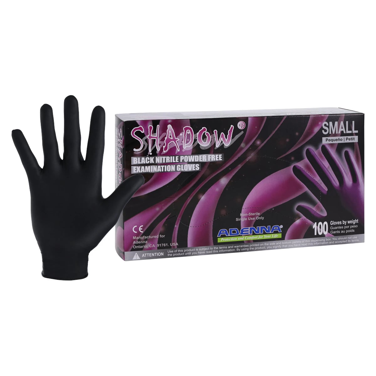 Adenna Shadow Black Nitrile Powder Free Exam Gloves, Small, Non-Sterile, 100/Box, SHD932