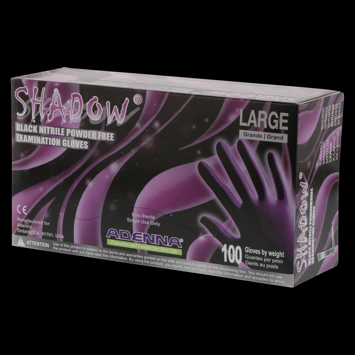 Adenna Shadow Black Nitrile Exam Gloves, Powder Free, Non-Sterile, Large, 100/Box, SHD936