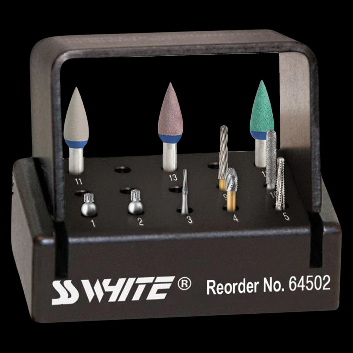 SS White Universal CAD/CAM Preparation & Finishing Kit, 10-Piece, Autoclavable Metal Bur Block with Technique Guide
