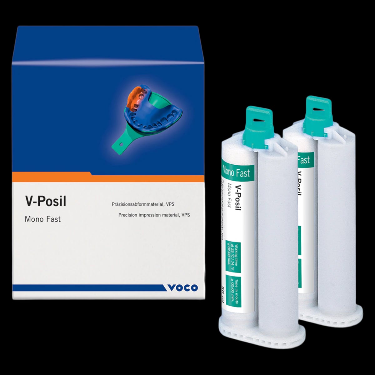 VOCO V-Posil Mono Fast Vinyl Polysiloxane Impression Material, Medium Body, Fast Set, 50 ml Cartridges (Pack of 2), with 6 Mixing Tips