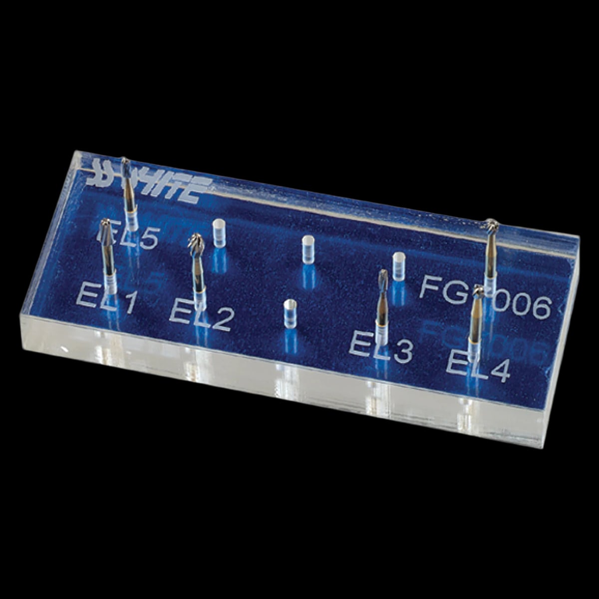 SS White Express Line Lab Metal Finishing Carbide Bur Kit, 6 Burs (EL-1, EL-2, EL-3, EL-4, EL-5, FG7006), 25mm FG, with Clear Acrylic Bur Block