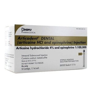 Articadent 4% Articaine HCl with Epinephrine 1:100,000 Dental Anesthetic Cartridges, 1.7 mL, Box of 50