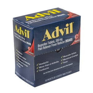 Advil Ibuprofen Tablets 200 mg, Unit Dose, 50 Pouches of 2 Tablets (100 Tablets Total)