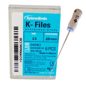 Kerr K-Files Stainless Steel, Size #15, 25mm, White, 6/Pack, 06063