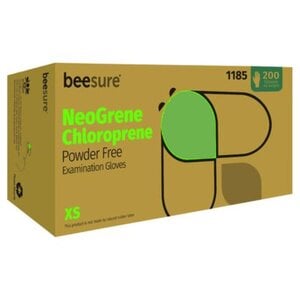 BeeSure NeoGrene Chloroprene Exam Gloves, Powder-Free, Non-Sterile, Extra Small, Green, Box/300