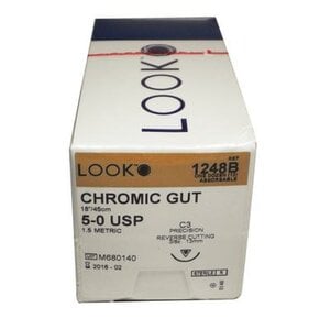 Roylan Chromic Gut Suture, 5-0, 18" Monofilament, Absorbable, C-3 Precision Reverse Cutting 3/8 Circle Needle 13mm, Coated Undyed, 12/Box