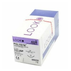 LOOK PolySyn Sutures 3-0 PGA (Polyglycolic Acid) Braided, Undyed, C-6 3/8 Circle Reverse Cutting Needle, 27 Inch, 12/Box, 423B
