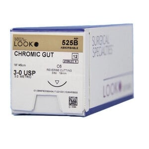 3-0 Chromic Gut Dental Suture, 18" with C-6 Reverse Cutting Needle, 12/Bx