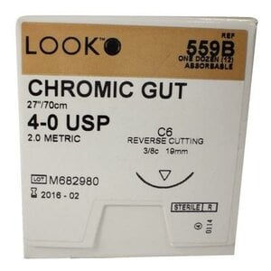 LOOK™ Sharpoint™ 4-0 Chromic Gut Suture, 27" with C-6 3/8 Circle Needle, Undyed Beige, Pack of 12