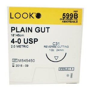LOOK™ Sharpoint™ 4-0 Plain Gut Monofilament Suture, 18" (45 cm), C-31 1/2 Circle Needle, Beige, 12/Bx