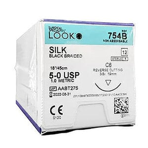 LOOK™ Sharpoint™ Silk Suture, 5-0, Black Braided, 18" (45 cm), C-6 Reverse Cutting 3/8 Circle Needle, 12/Box, 754B