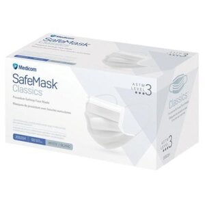 Medicom SafeMask Classics Procedure Earloop Face Mask, ASTM Level 3, White, Box of 50