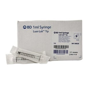 BD Luer-Lok Disposable Syringe, 1mL/1cc, No Dead Space, 0.01mL Graduations, 100/Box, 309628