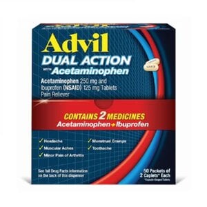 Advil Dual Action Caplets, 250mg Acetaminophen/125mg Ibuprofen, 2 Caplets per Pack, 50 Packs per Box