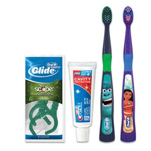 Oral-B Kids 3+ Manual Bundle, 72/Pack (72 Toothbrushes, 72 Toothpaste Tubes, 72 Floss Pick Sachets, 72 Patient Bags)