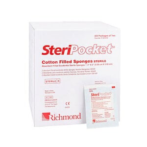 Richmond Dental SteriPocket Nonwoven Cotton Filled 2" x 2" Sterile Sponges, 2 Sponges/Pack, 300 Packs/Box