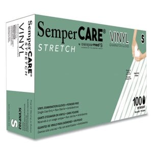 SemperCare PF Stretch Vinyl Exam Gloves, Powder-Free, Non-Sterile, Small, Cream, 100/Box, SCVNP102