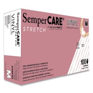 SemperCare® PF Stretch Vinyl Exam Gloves, Powder-Free, Non-Sterile, Cream, Medium, 100/Box, SCVNP103