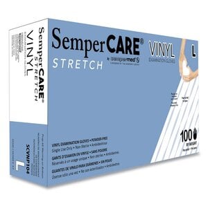 SemperCare PF Stretch Vinyl Exam Gloves, Powder-Free, Non-Sterile, Large, Cream, 100/Box