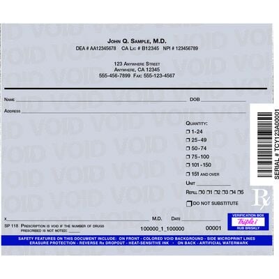 CA 2-Part Prescription Pads, 100 Sets/Pad, 4 Pads/Pkg, 5-1/2" W x 4-1/4" H, Blue Design, Black Ink
