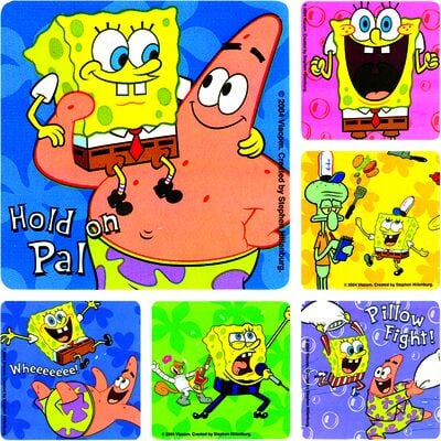 Licensed TV Cartoon Stickers, SpongeBob SquarePants, 2-1/2" W x 2-1/2" H, 6 Designs/Roll, 100/Roll