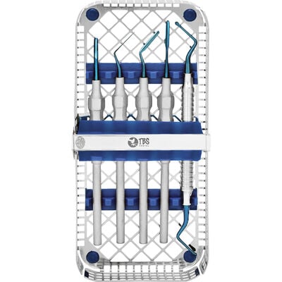 TBS Dental Serrated Periotome Kit with Sterilizable Cassette (4 Periotomes + 1 Serrated Curette, Titanium Tips)