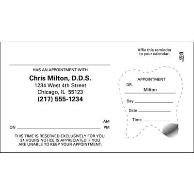 Tooth Sticker Appointment Card, White, 3-1/2" x 2", 500/Pkg