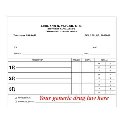 Triple Standard Prescription Blanks, Personalized, 100 Sheets/Pad; 5 Pads/Pkg, with Generic Drug Law, 5-1/2" W x 4-1/4" H