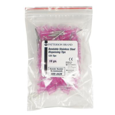 Patterson® Bendable Stainless Steel Dispensing Tips, 18 Gauge, Pink, Straight, 125/Pkg